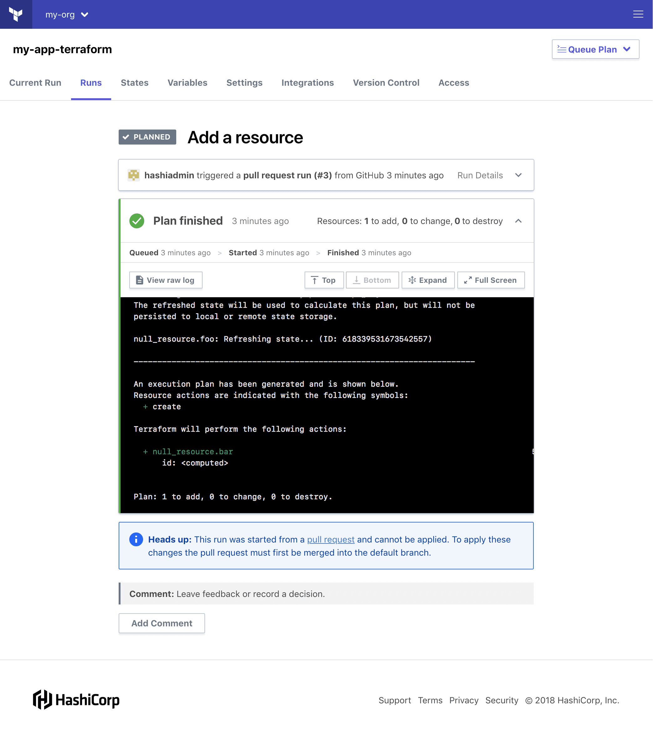 Screenshot of Pull Request run in Terraform Cloud