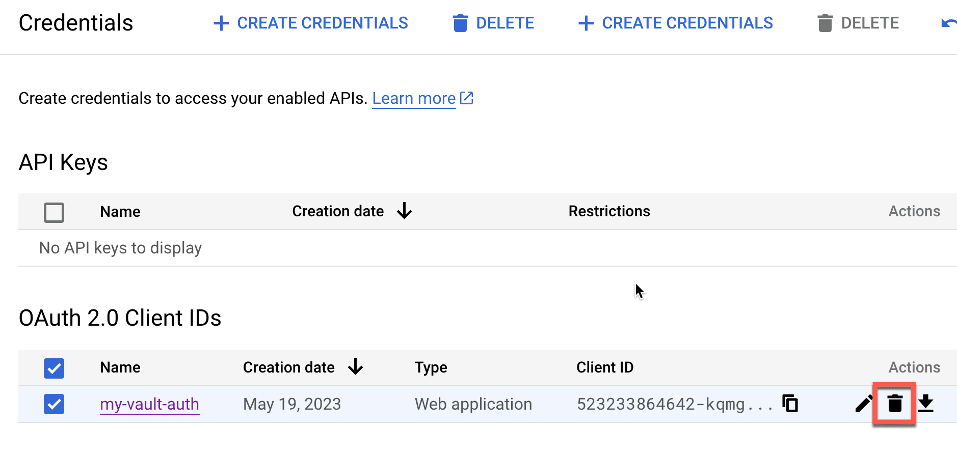 Delete OAuth 2.0 Credentials