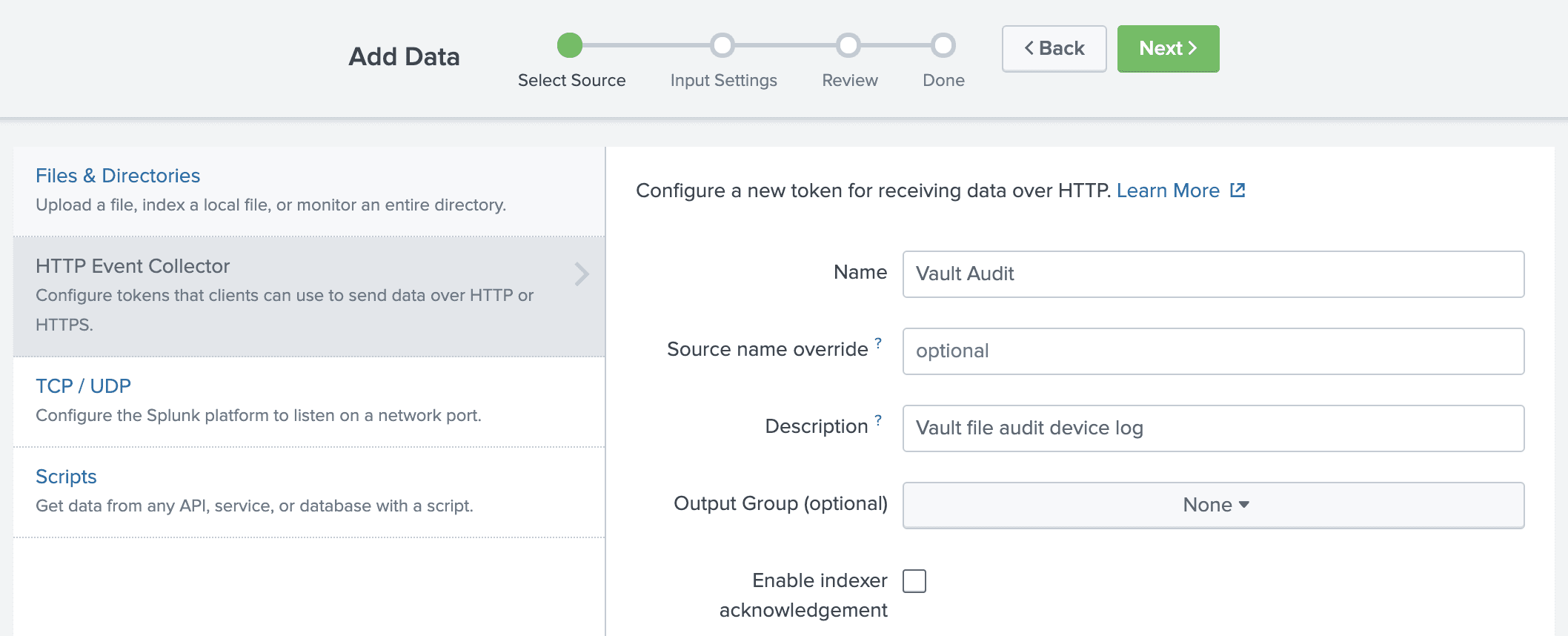 Example HEC source configuration